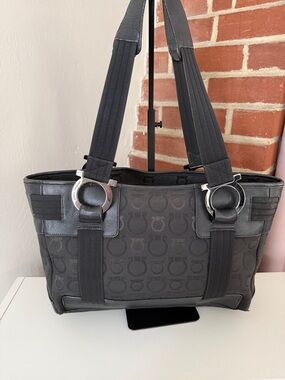 Authentic Ferragamo Black Logo Jacquard Tote with Silver Hardware
